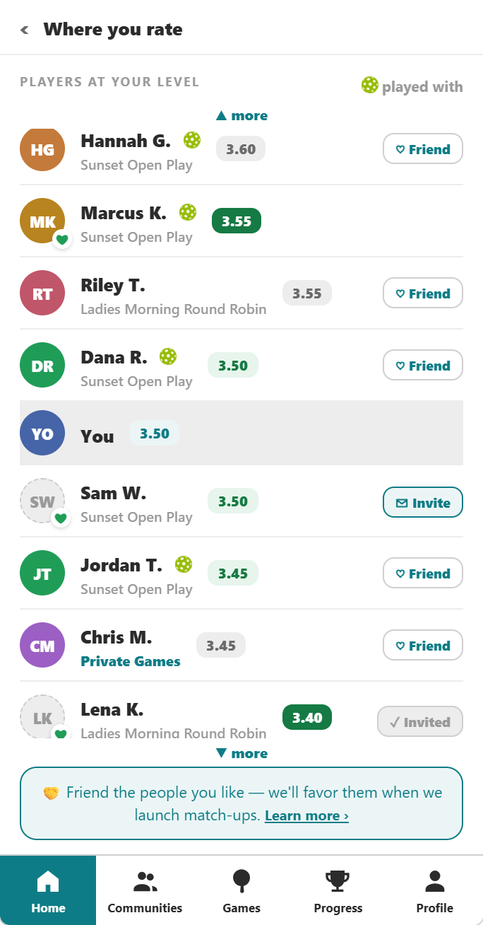 Players at your level, with their ratings.
